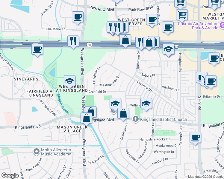 map of restaurants, bars, coffee shops, grocery stores, and more near 20630 Cranfield Drive in Katy