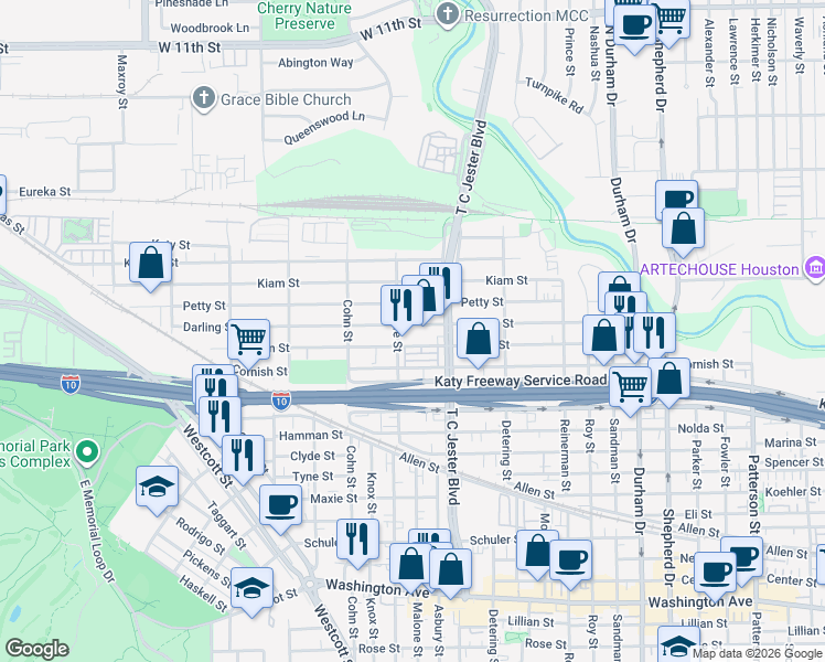 map of restaurants, bars, coffee shops, grocery stores, and more near 5429 Darling Street in Houston