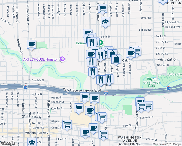 map of restaurants, bars, coffee shops, grocery stores, and more near 198 West 5th Street in Houston
