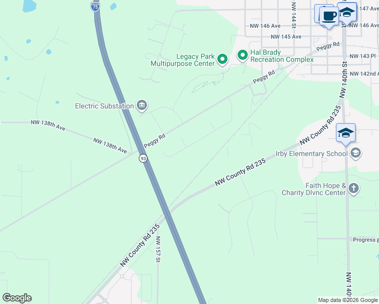 map of restaurants, bars, coffee shops, grocery stores, and more near 15151 Peggy Road in Alachua