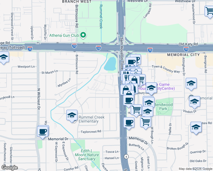 map of restaurants, bars, coffee shops, grocery stores, and more near 12969A Trail Hollow Drive in Houston