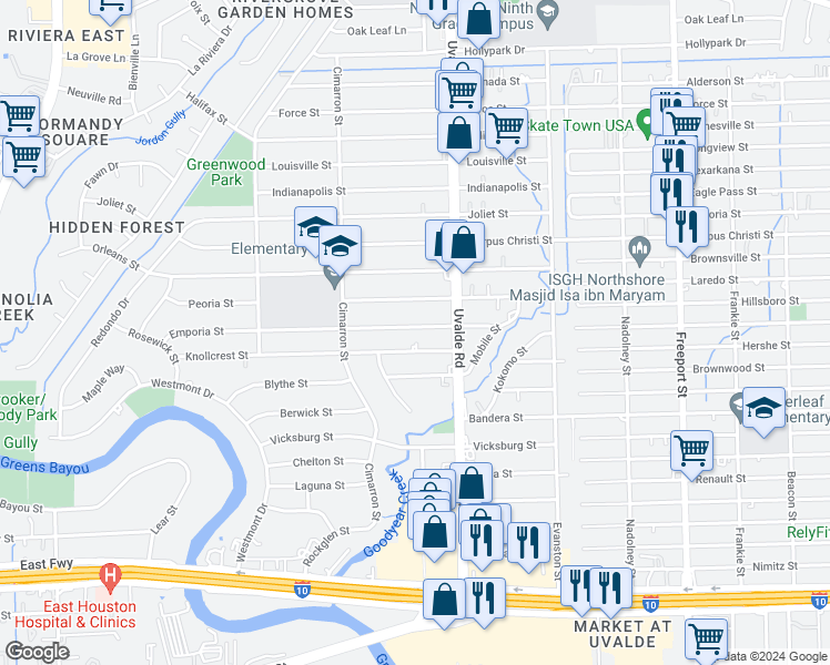 map of restaurants, bars, coffee shops, grocery stores, and more near 13354 Emporia Street in Houston