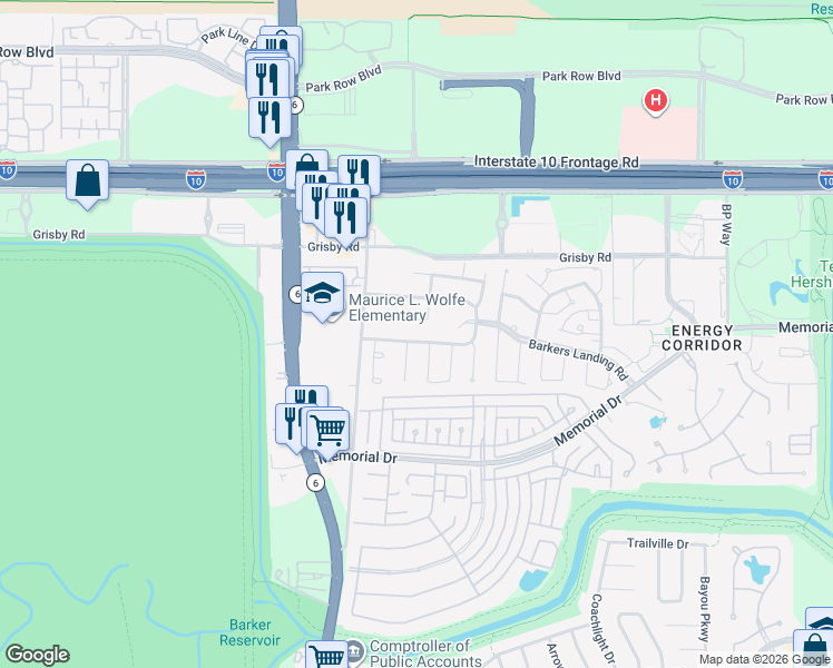 map of restaurants, bars, coffee shops, grocery stores, and more near 15906 South Barkers Landing Road in Houston