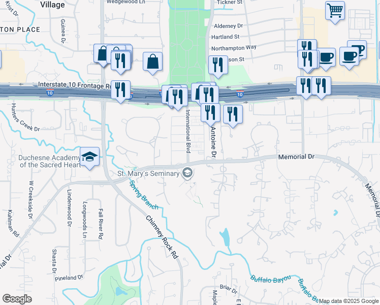 map of restaurants, bars, coffee shops, grocery stores, and more near 722 International Boulevard in Houston