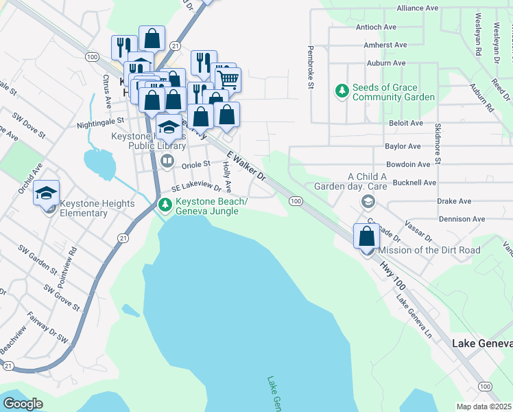 map of restaurants, bars, coffee shops, grocery stores, and more near 625 Southeast Lakeview Drive in Keystone Heights