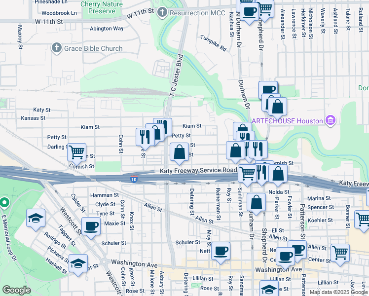 map of restaurants, bars, coffee shops, grocery stores, and more near 5313 Darling Street in Houston