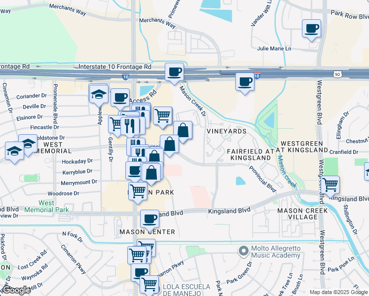 map of restaurants, bars, coffee shops, grocery stores, and more near 21733 Provincial Boulevard in Park Row