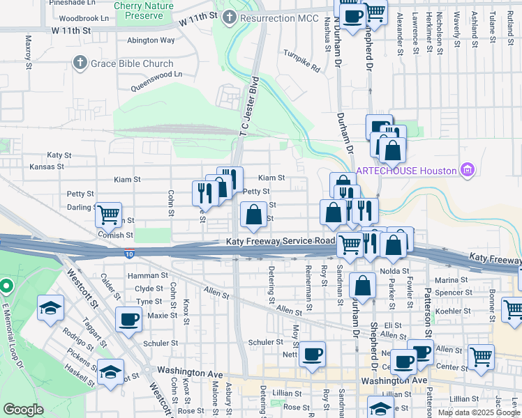 map of restaurants, bars, coffee shops, grocery stores, and more near 5313 Darling Street in Houston