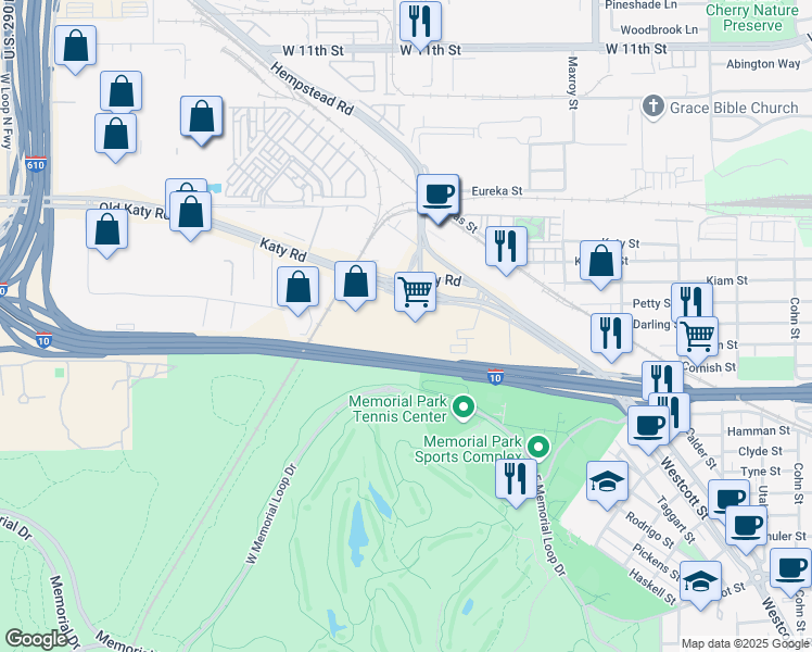 map of restaurants, bars, coffee shops, grocery stores, and more near 7721 Washington Avenue in Houston