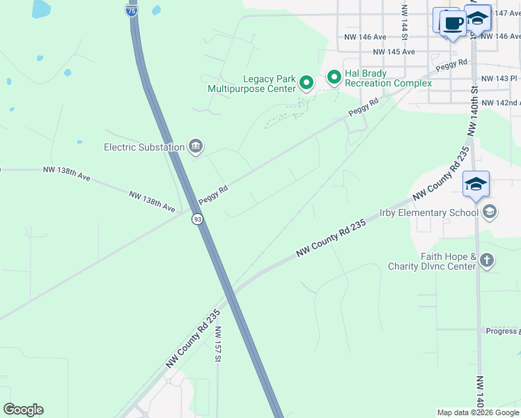 map of restaurants, bars, coffee shops, grocery stores, and more near 15151 Peggy Road in Alachua