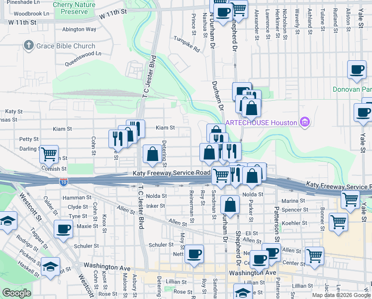 map of restaurants, bars, coffee shops, grocery stores, and more near 5122 Larkin Street in Houston