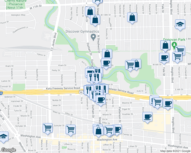 map of restaurants, bars, coffee shops, grocery stores, and more near 4816 Larkin Street in Houston