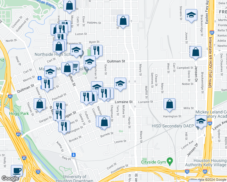 map of restaurants, bars, coffee shops, grocery stores, and more near 1920 Chapman Street in Houston