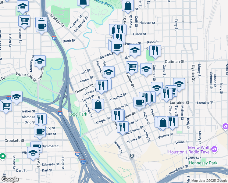 map of restaurants, bars, coffee shops, grocery stores, and more near 2119 Freeman Street in Houston