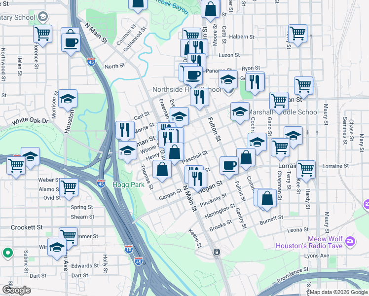 map of restaurants, bars, coffee shops, grocery stores, and more near 2119 Freeman Street in Houston