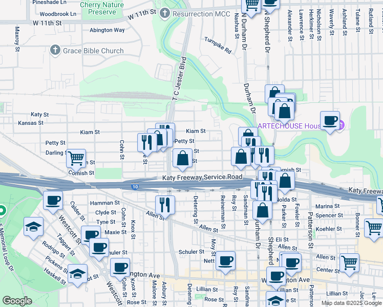 map of restaurants, bars, coffee shops, grocery stores, and more near 5313 Darling Street in Houston