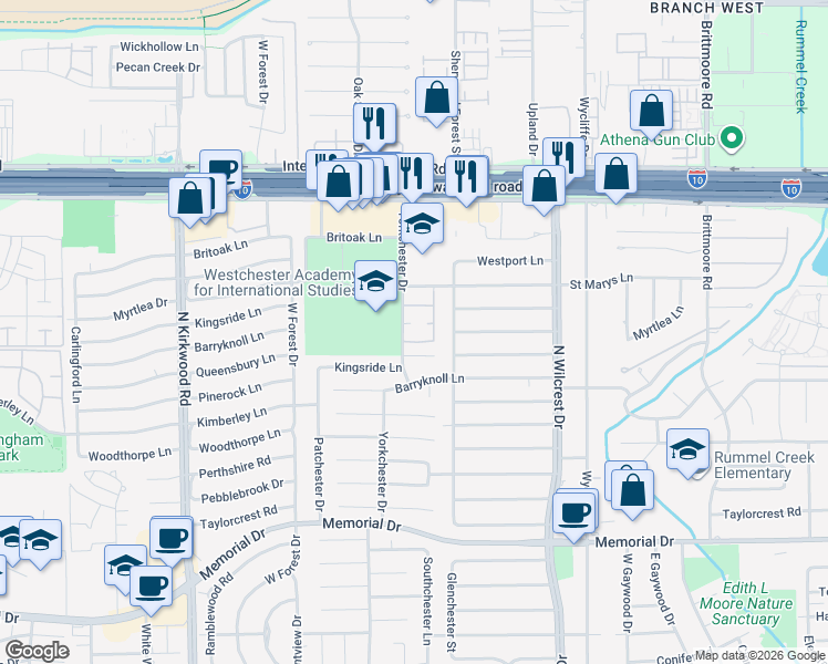 map of restaurants, bars, coffee shops, grocery stores, and more near 13622 Kingsride Lane in Houston