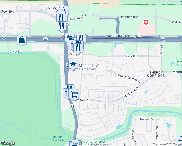 map of restaurants, bars, coffee shops, grocery stores, and more near 15906 South Barkers Landing Road in Houston