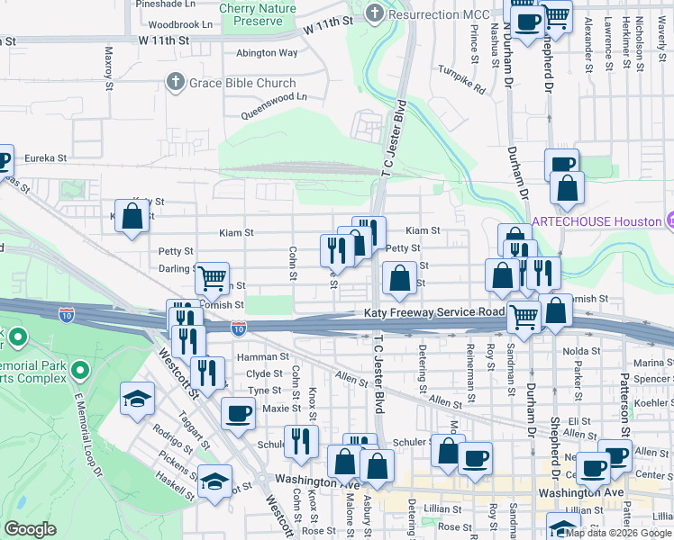 map of restaurants, bars, coffee shops, grocery stores, and more near 5429 Darling Street in Houston