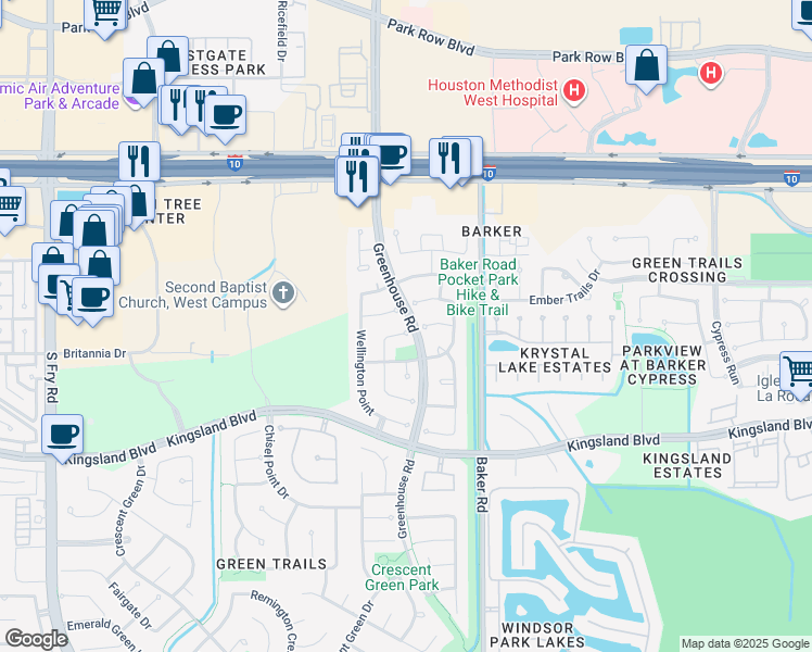 map of restaurants, bars, coffee shops, grocery stores, and more near 19119 Packerton Court in Houston