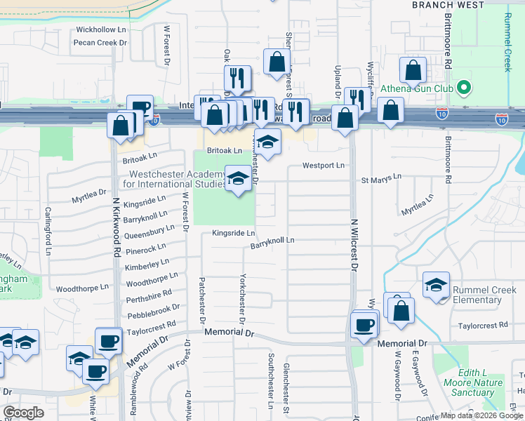 map of restaurants, bars, coffee shops, grocery stores, and more near 13622 Kingsride Lane in Houston
