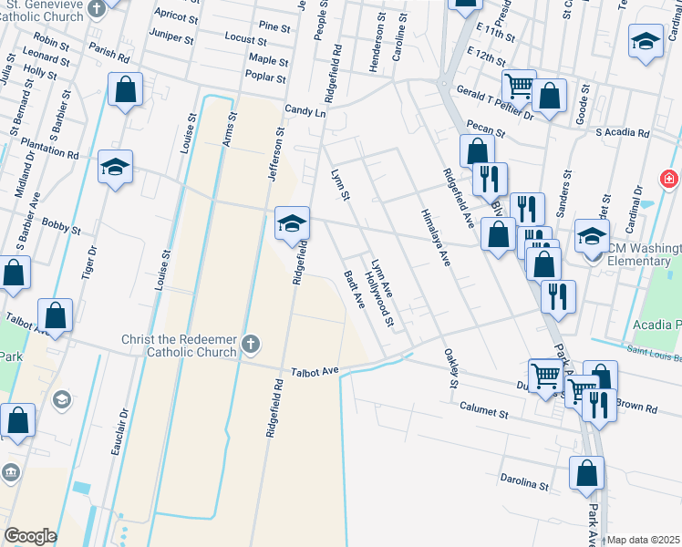 map of restaurants, bars, coffee shops, grocery stores, and more near 1704 Badt Avenue in Thibodaux