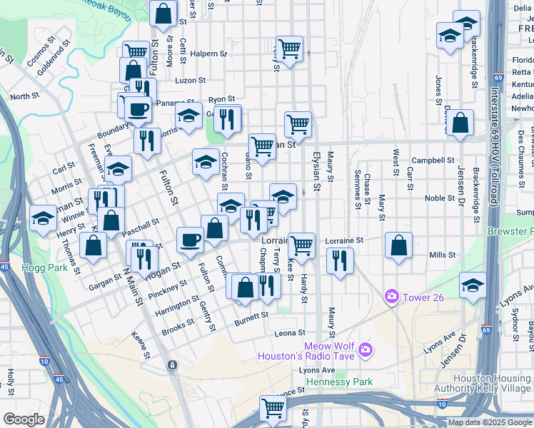 map of restaurants, bars, coffee shops, grocery stores, and more near 1920 Chapman Street in Houston