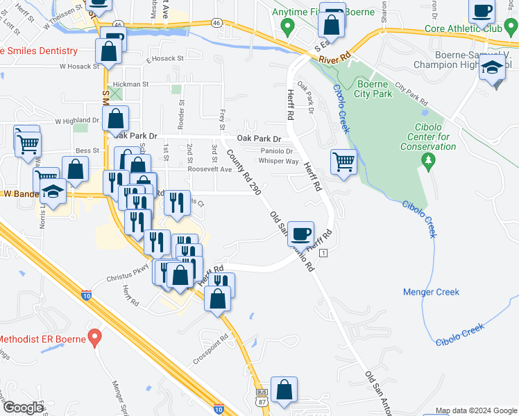 map of restaurants, bars, coffee shops, grocery stores, and more near 614 Frey Street in Boerne