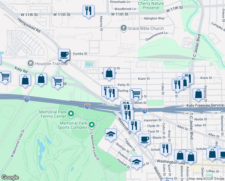 map of restaurants, bars, coffee shops, grocery stores, and more near 5845 Darling Street in Houston