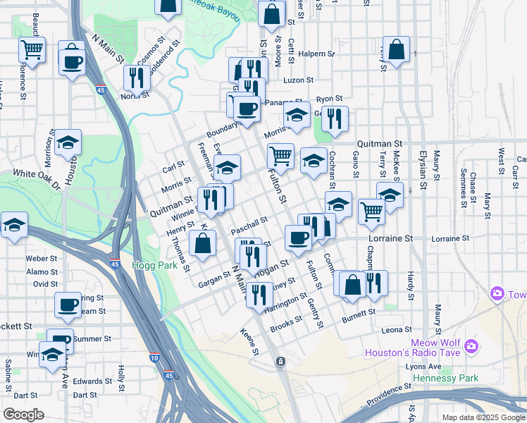 map of restaurants, bars, coffee shops, grocery stores, and more near 2112 Everett Street in Houston