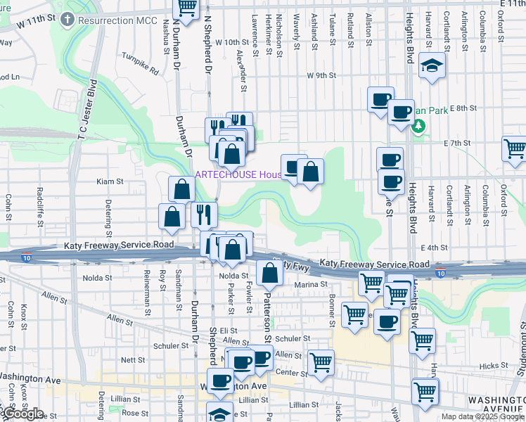 map of restaurants, bars, coffee shops, grocery stores, and more near 2215 Patterson Street in Houston