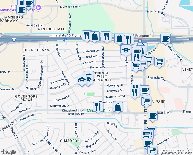 map of restaurants, bars, coffee shops, grocery stores, and more near 22314 Provincial Boulevard in Katy