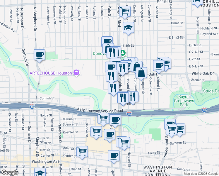 map of restaurants, bars, coffee shops, grocery stores, and more near 500 Yale Street in Houston