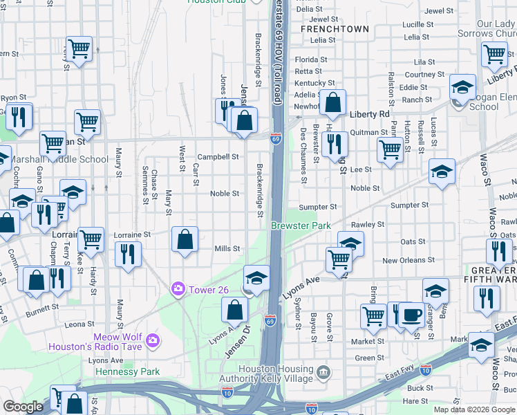 map of restaurants, bars, coffee shops, grocery stores, and more near 1920 Jensen Drive in Houston