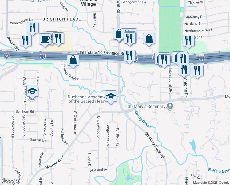 map of restaurants, bars, coffee shops, grocery stores, and more near 8225 Kingsbrook Road in Houston