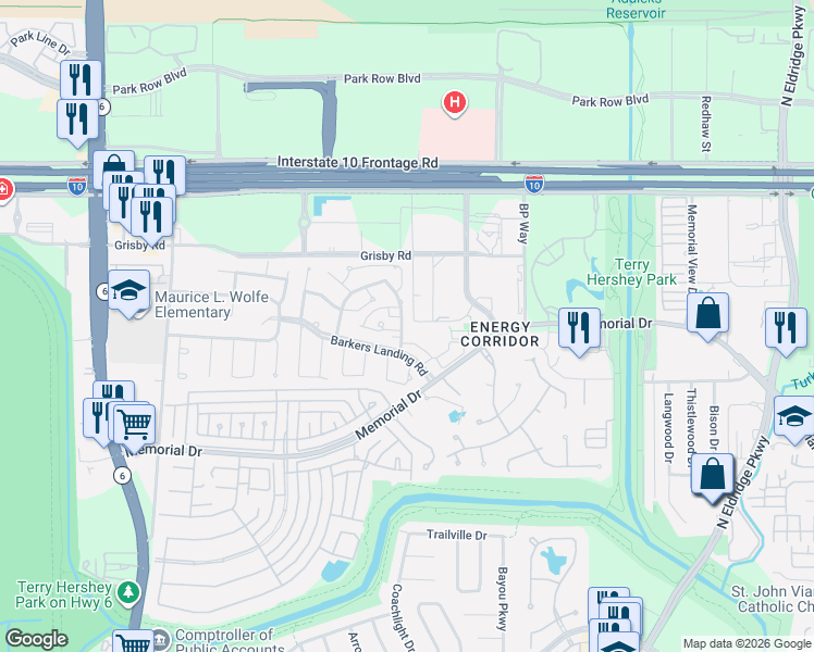 map of restaurants, bars, coffee shops, grocery stores, and more near 425 East Fair Harbor Lane in Houston