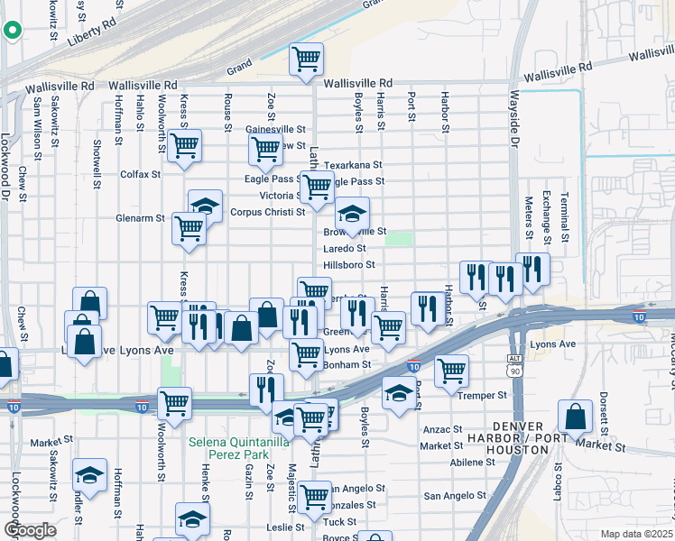 map of restaurants, bars, coffee shops, grocery stores, and more near 7029 Waxahachie Street in Houston