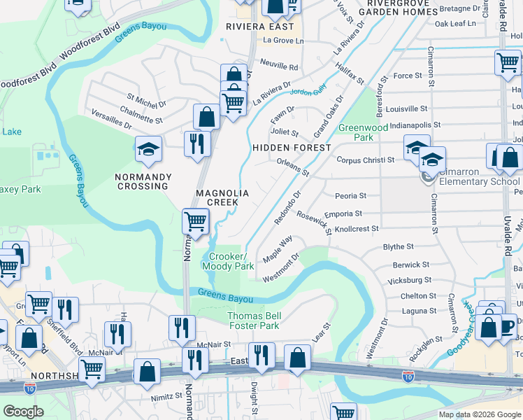 map of restaurants, bars, coffee shops, grocery stores, and more near 927 Grand Oaks Drive in Houston