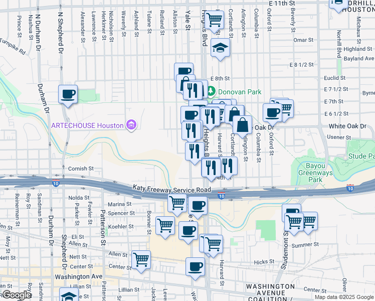 map of restaurants, bars, coffee shops, grocery stores, and more near 500 Yale Street in Houston