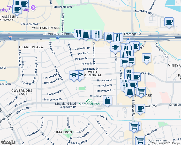 map of restaurants, bars, coffee shops, grocery stores, and more near 22314 Provincial Boulevard in Katy