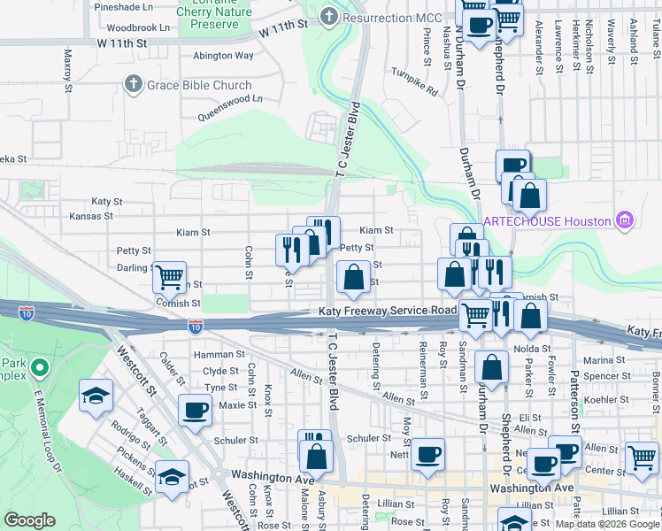 map of restaurants, bars, coffee shops, grocery stores, and more near T C Jester Boulevard & Darling Street in Houston