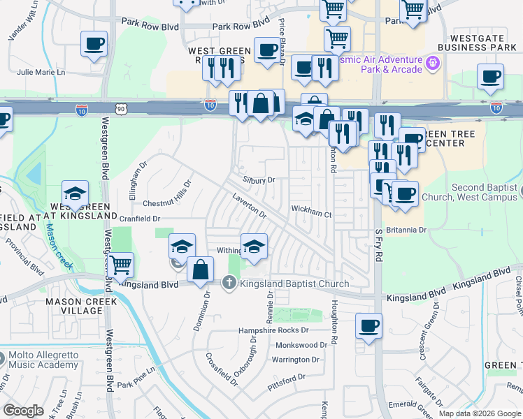 map of restaurants, bars, coffee shops, grocery stores, and more near 20414 Laverton Drive in Katy