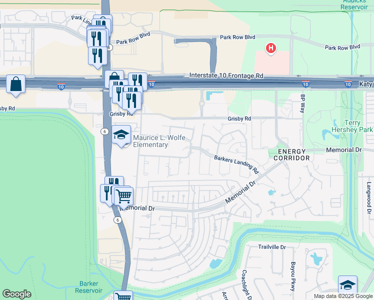 map of restaurants, bars, coffee shops, grocery stores, and more near 15822 South Barkers Landing Road in Houston