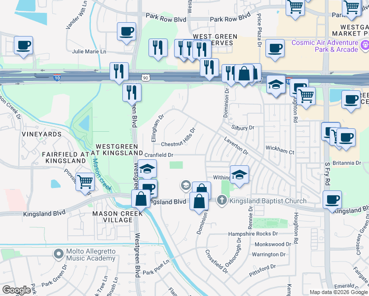 map of restaurants, bars, coffee shops, grocery stores, and more near 20630 Cranfield Drive in Katy