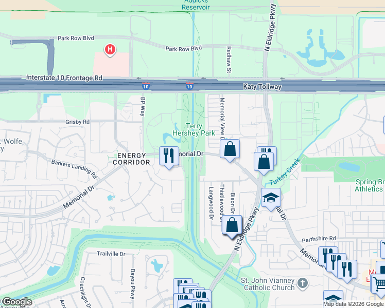 map of restaurants, bars, coffee shops, grocery stores, and more near 595 Buffalo Bayou Bike Trail in Houston