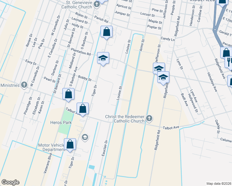 map of restaurants, bars, coffee shops, grocery stores, and more near 111 Wolfe Street in Thibodaux