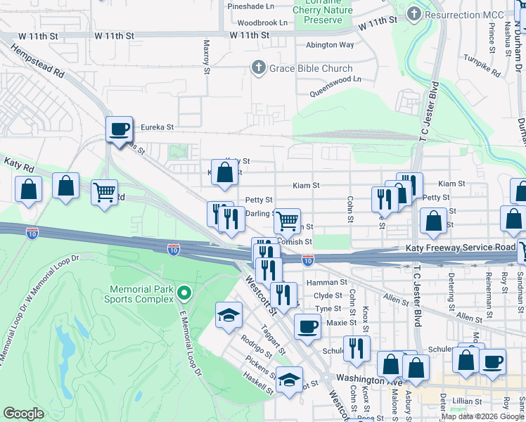 map of restaurants, bars, coffee shops, grocery stores, and more near 5805B Darling Street in Houston