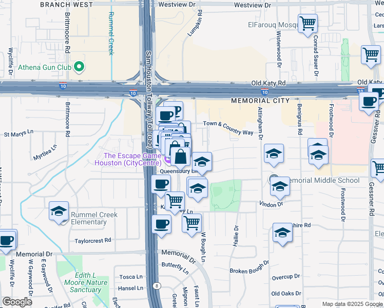 map of restaurants, bars, coffee shops, grocery stores, and more near 811 Town and Country Boulevard in Houston