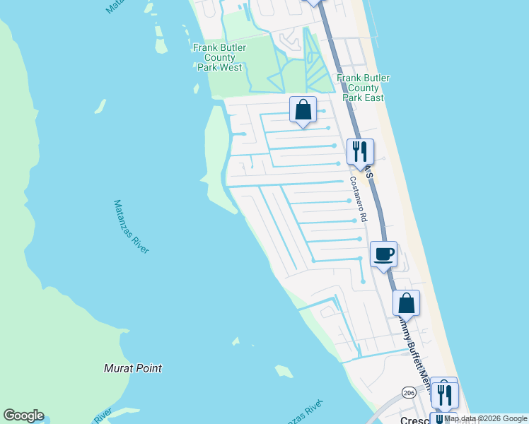 map of restaurants, bars, coffee shops, grocery stores, and more near 6330 Salado Road in St. Augustine