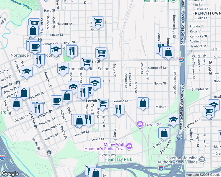 map of restaurants, bars, coffee shops, grocery stores, and more near 1924 Elysian Street in Houston